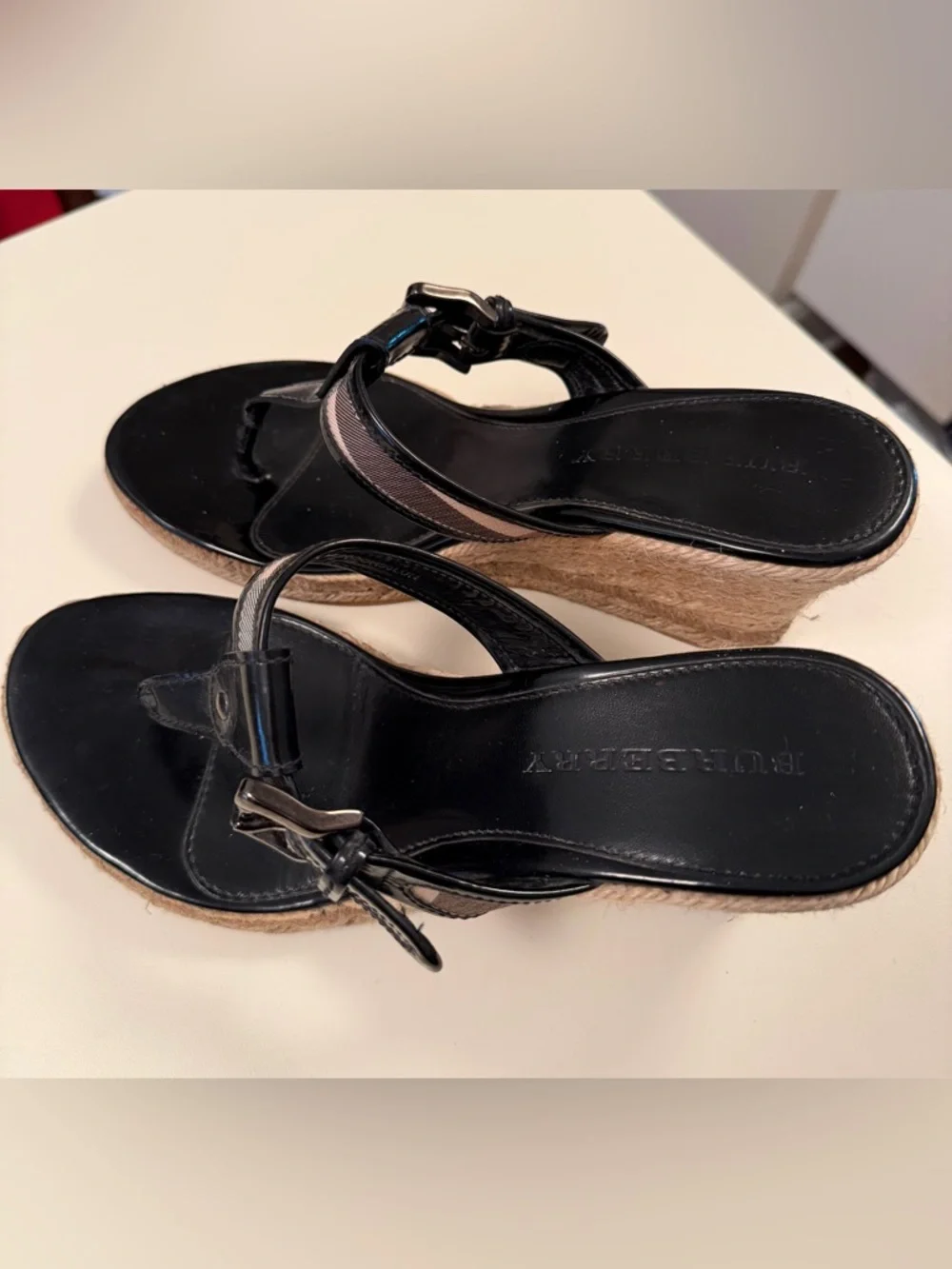 Burberry Wedge Sandals |Black Patent Leather Nova Check Strap Espadrille Size 8 - Picture 3 of 10